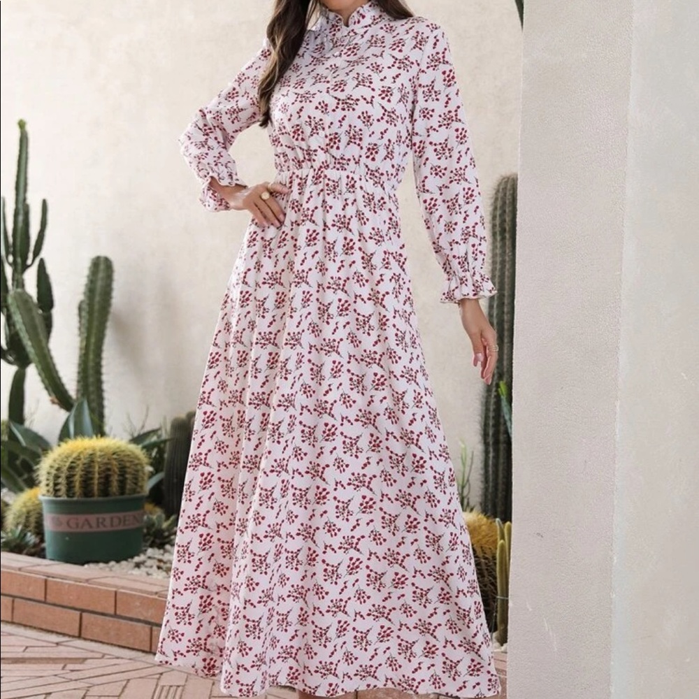 Allover print flounce sleeve shirt dress w/o belt - Picture 5 of 6